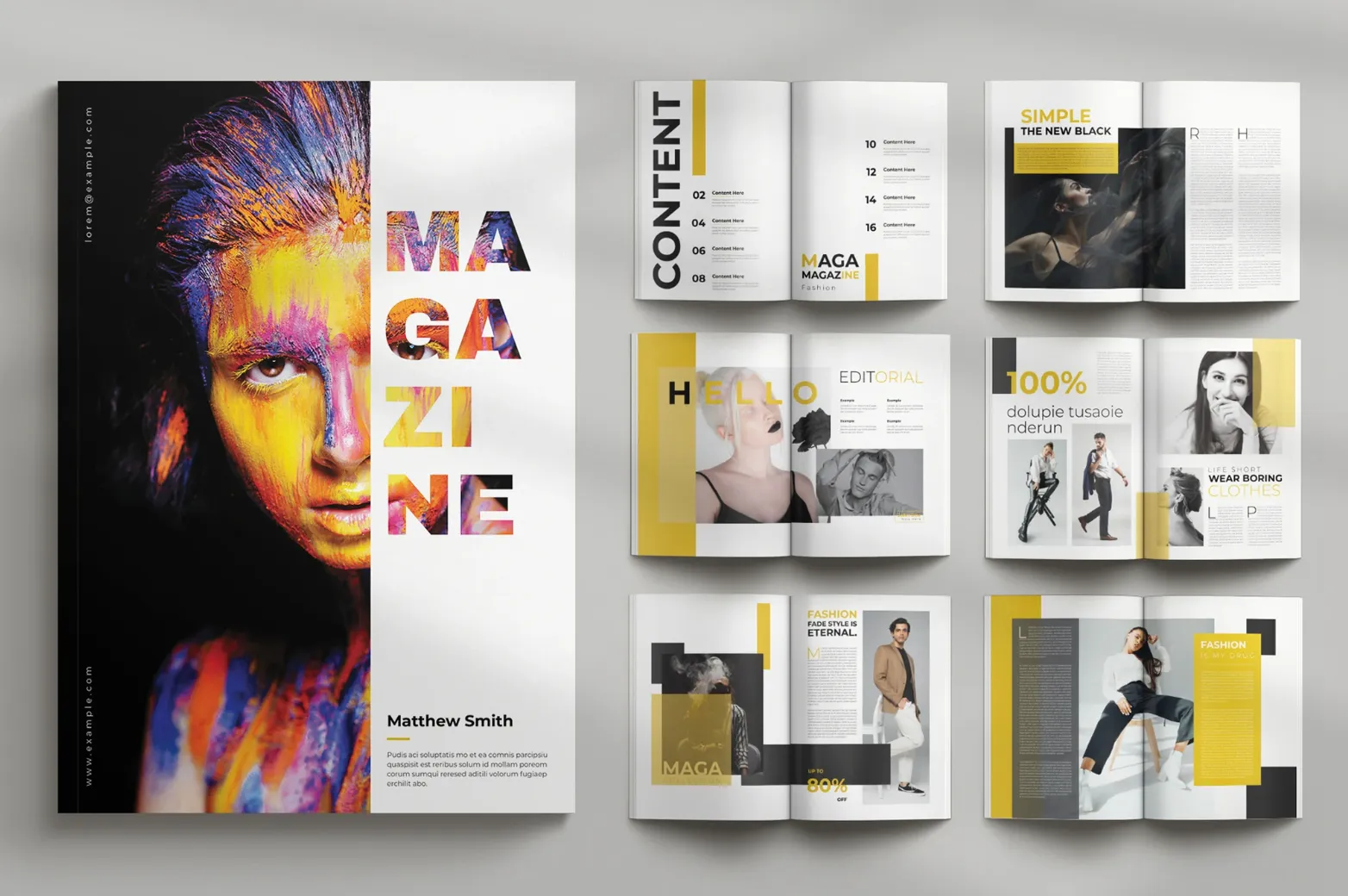 Mehrere designte Seiten eines Magazins